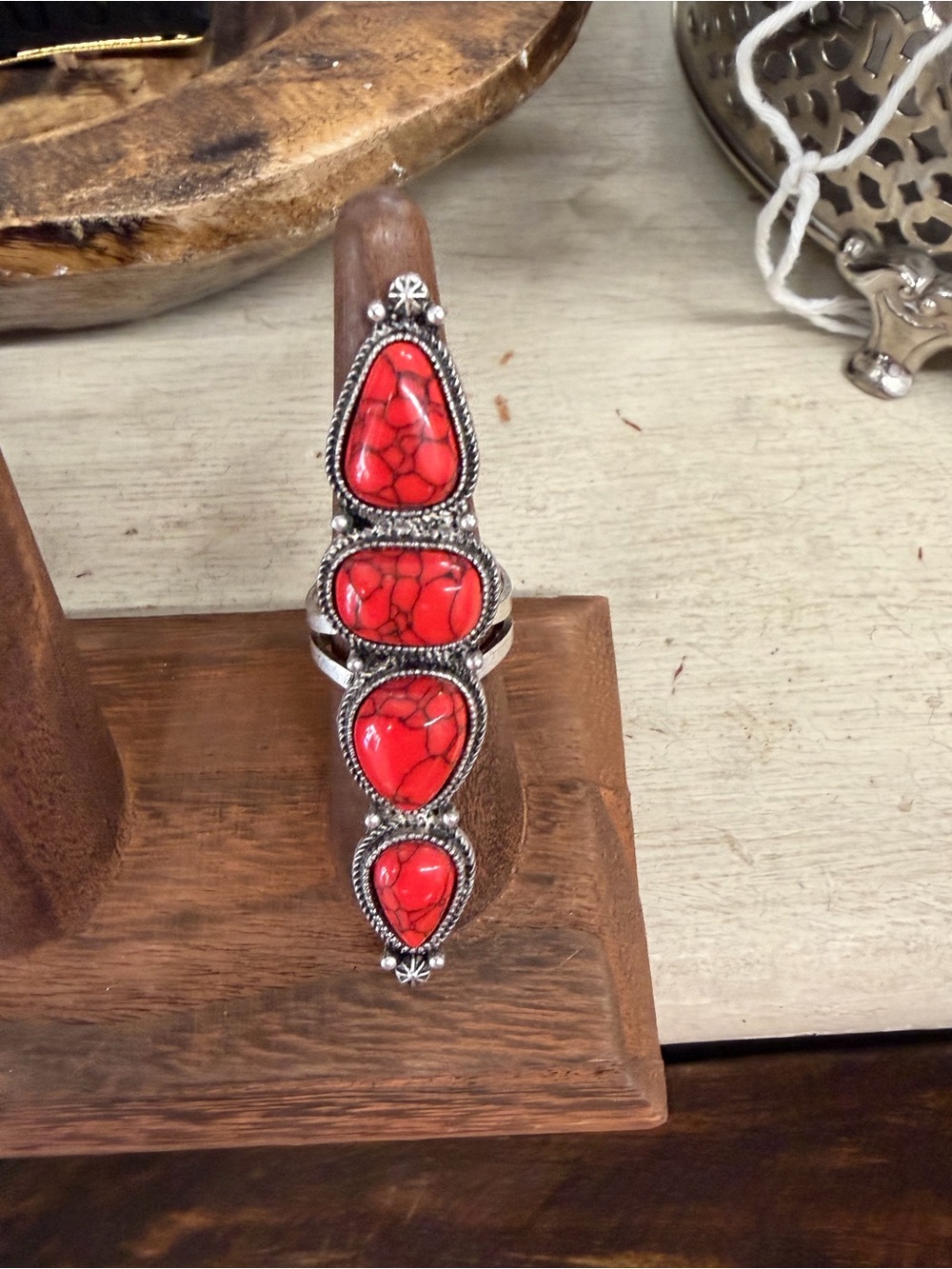 Western, Native, Red Stone Multi-Teardrop Statement Ring adjustable